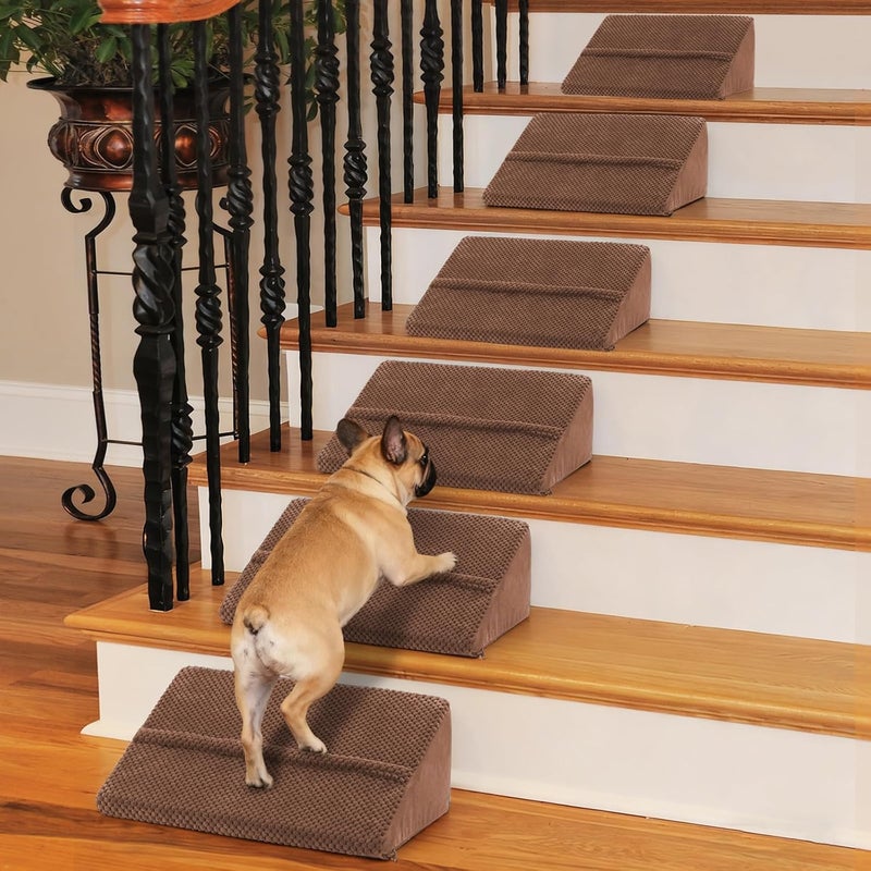 INRLKIT 40D Density Foam Dog Ramp with Anti-Slip Bump for Stairs Suits for Small Dogs Cats, Pet Ramp Steps Stairs for Staircase Indoor with Self-Sticky Pads to Fix(6Pack, Brown) - Image 1